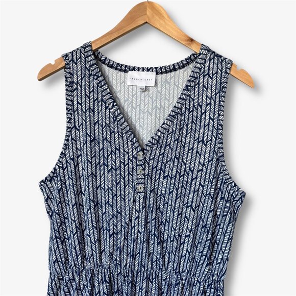 French Grey Geometric Fit & Flare Dress Navy Blue White Womens Large Soft Comfy - Picture 2 of 13